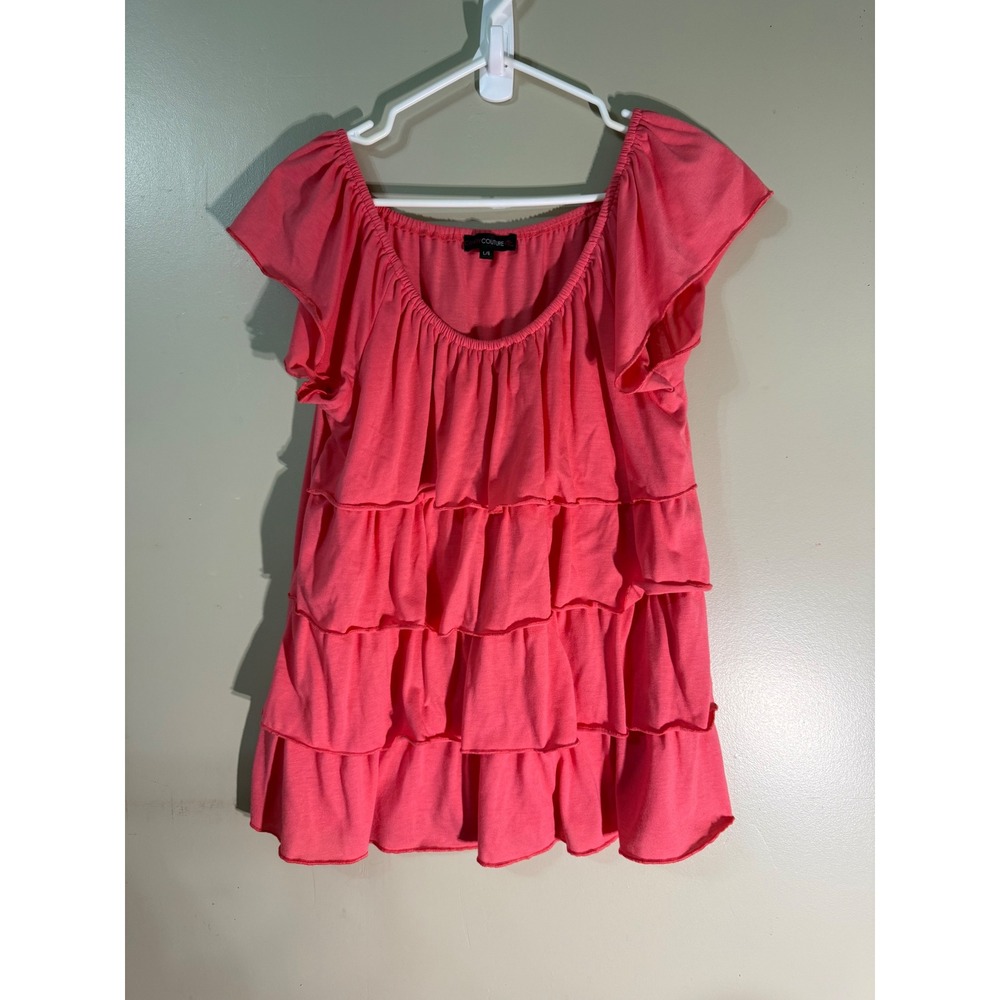 Candy Couture Pink Ruffle Tiered Short Sleeve Top Coral Rayon Blouse L